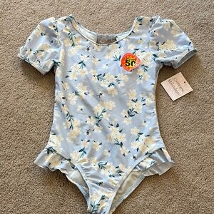 Floral Blue Leotard with Ruffle Sleeves
